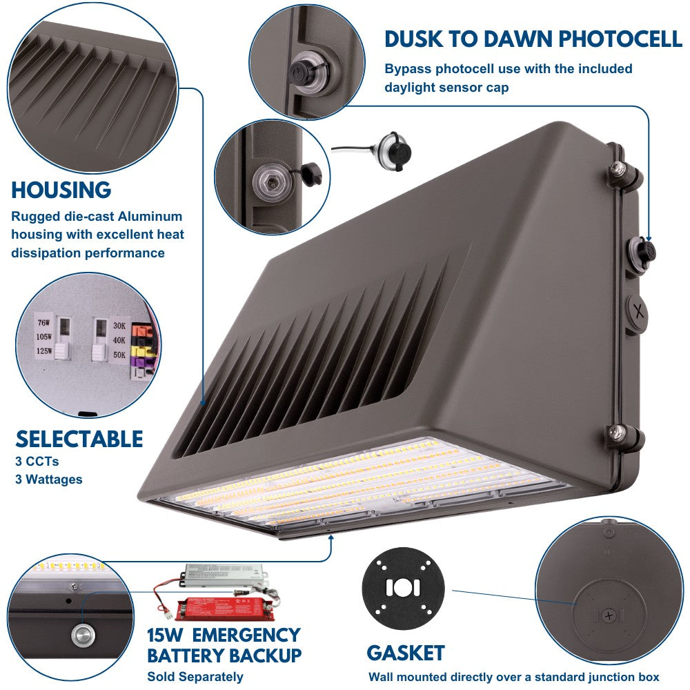 Cutoff LED Wall Pack Style Light 125W/105W/76W  20,000 Lumens  50K-30K Adjustable Photocell